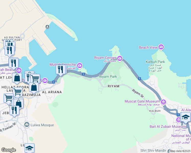 map of restaurants, bars, coffee shops, grocery stores, and more near Al Bahri Road in Muscat