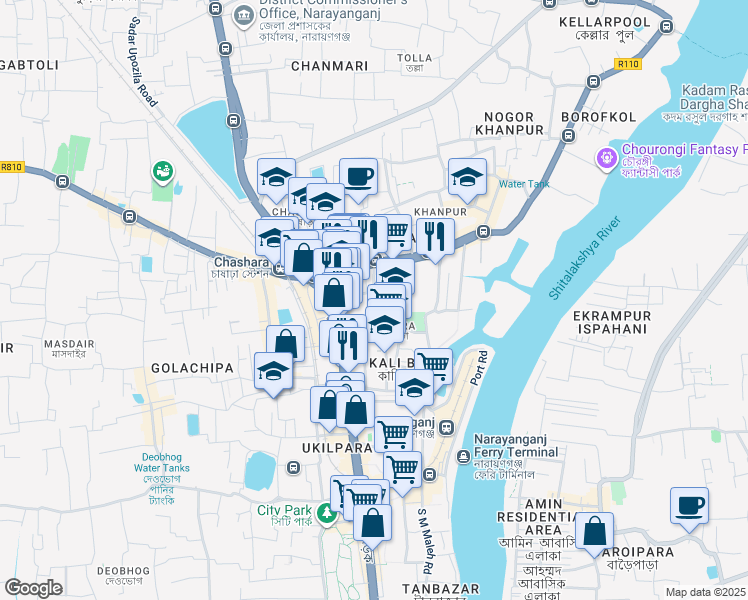 map of restaurants, bars, coffee shops, grocery stores, and more near H K Benarjee Road in Narayanganj