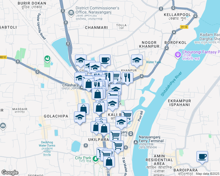 map of restaurants, bars, coffee shops, grocery stores, and more near H K Benarjee Road in Narayanganj