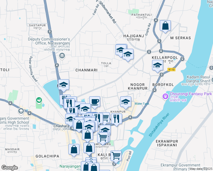 map of restaurants, bars, coffee shops, grocery stores, and more near Chashara Hajigonj Rail Line Road in Narayanganj