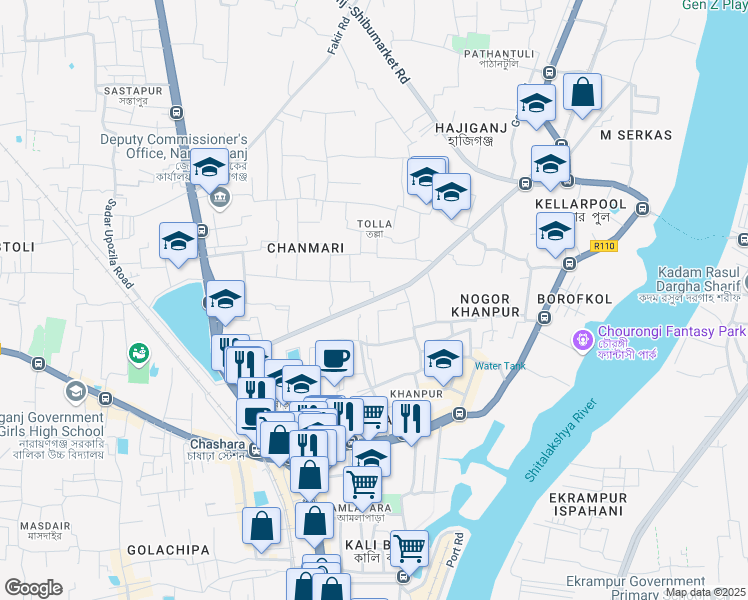 map of restaurants, bars, coffee shops, grocery stores, and more near Chashara Hajigonj Rail Line Road in Narayanganj