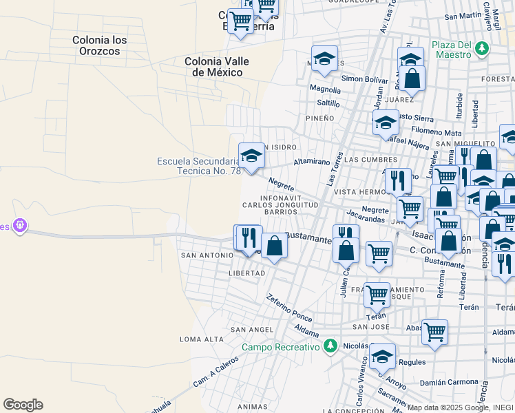 map of restaurants, bars, coffee shops, grocery stores, and more near in Matehuala
