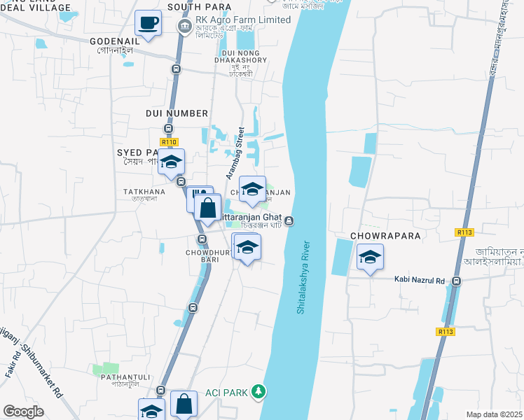map of restaurants, bars, coffee shops, grocery stores, and more near Luxminarayan Street in Narayanganj