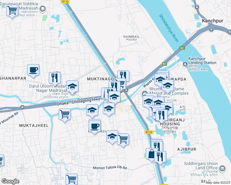 map of restaurants, bars, coffee shops, grocery stores, and more near Chittagong Road in Dhaka