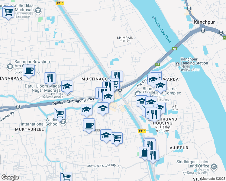 map of restaurants, bars, coffee shops, grocery stores, and more near Chittagong Road in Dhaka
