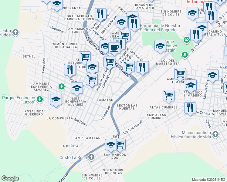 map of restaurants, bars, coffee shops, grocery stores, and more near 500 Acueducto in Ciudad Victoria