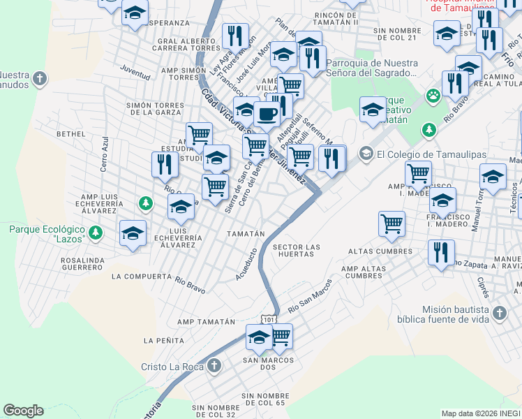 map of restaurants, bars, coffee shops, grocery stores, and more near 500 Acueducto in Ciudad Victoria