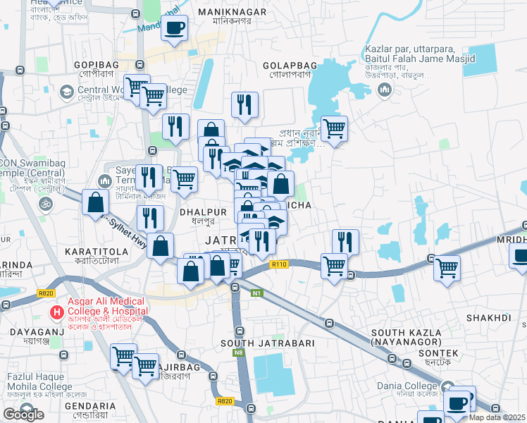 map of restaurants, bars, coffee shops, grocery stores, and more near in Dhaka