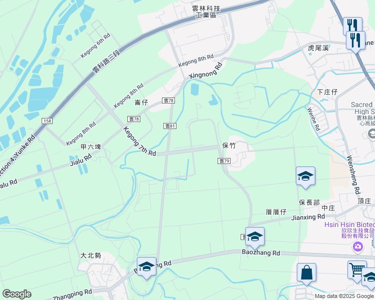 map of restaurants, bars, coffee shops, grocery stores, and more near 25 Kegong 7th Road in Douliu City
