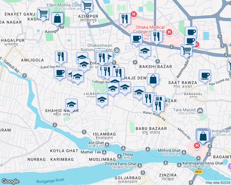 map of restaurants, bars, coffee shops, grocery stores, and more near Shaista Khan Road in Dhaka
