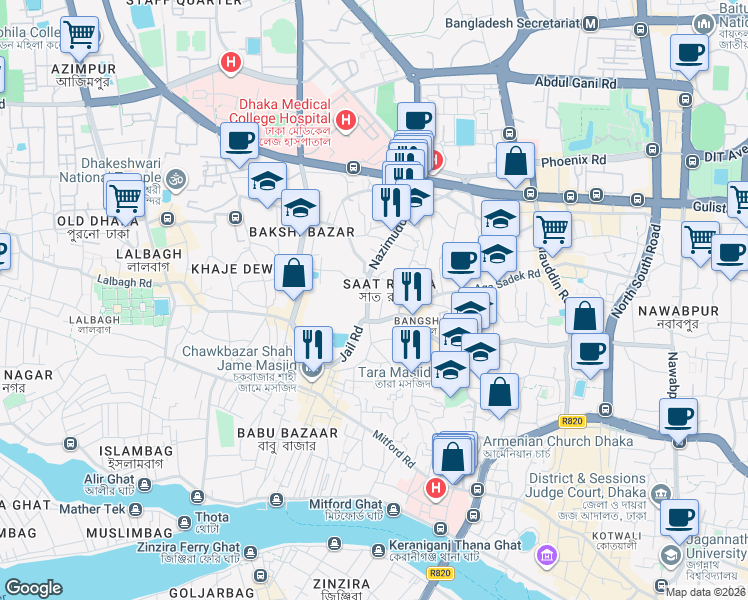 map of restaurants, bars, coffee shops, grocery stores, and more near Nazimuddin Road in Dhaka
