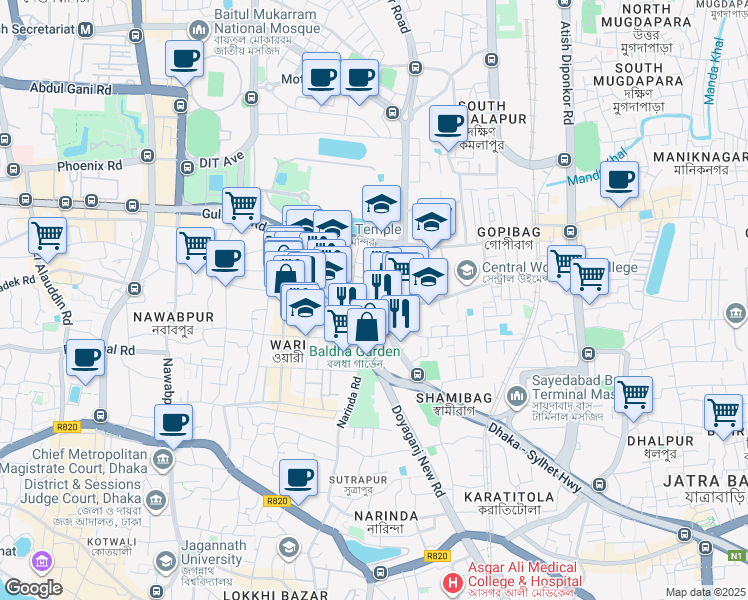 map of restaurants, bars, coffee shops, grocery stores, and more near Hatkhola Foot Over Bridge in Dhaka