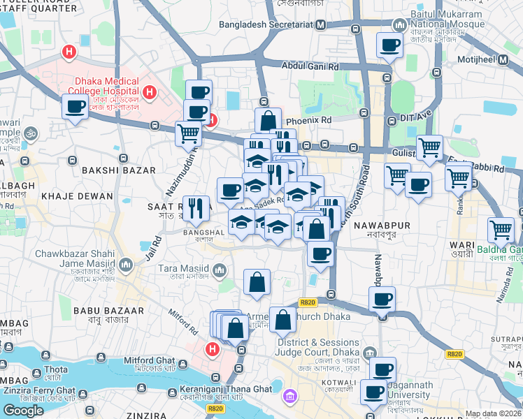 map of restaurants, bars, coffee shops, grocery stores, and more near Aga Sadek Road in Dhaka
