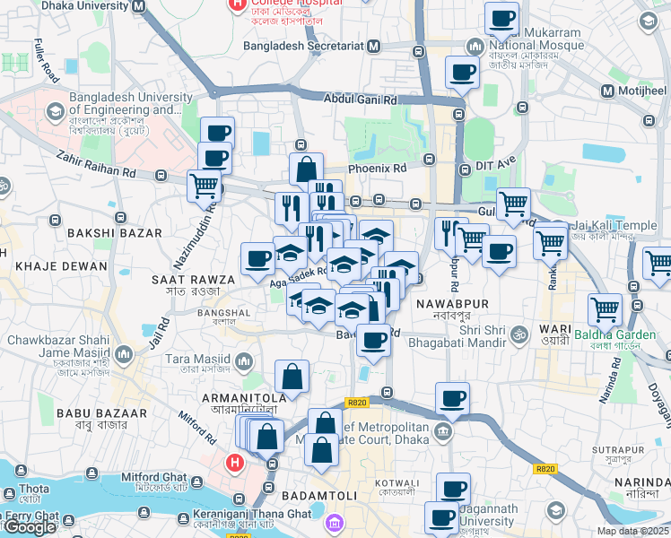 map of restaurants, bars, coffee shops, grocery stores, and more near 104 Kazi Alauddin Road in Dhaka