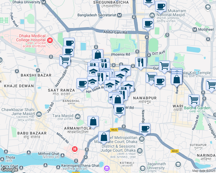 map of restaurants, bars, coffee shops, grocery stores, and more near Siddique Bazar Road in Dhaka