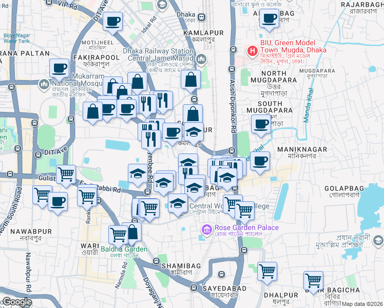 map of restaurants, bars, coffee shops, grocery stores, and more near Sadek Hossain Khoka Road in Dhaka
