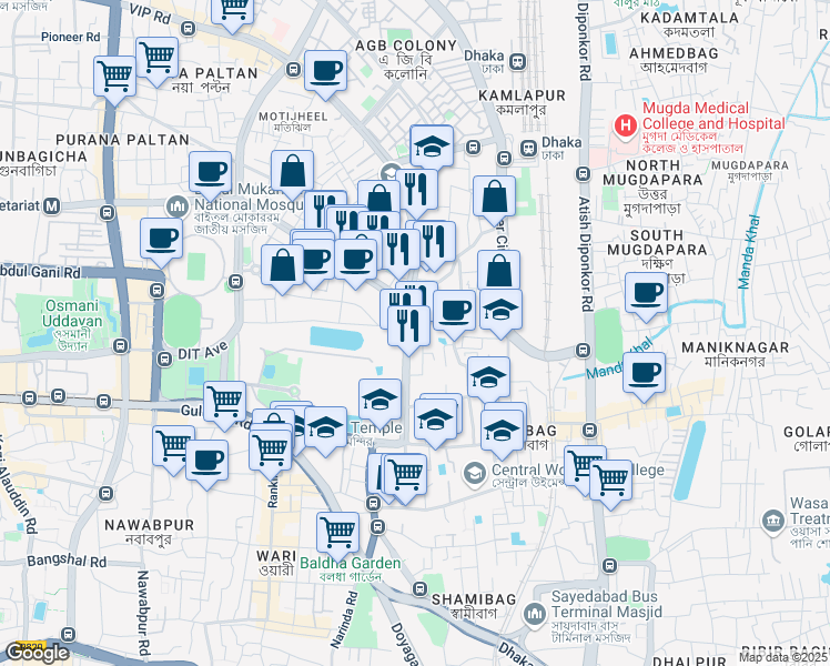 map of restaurants, bars, coffee shops, grocery stores, and more near Toyenbee Road in Dhaka