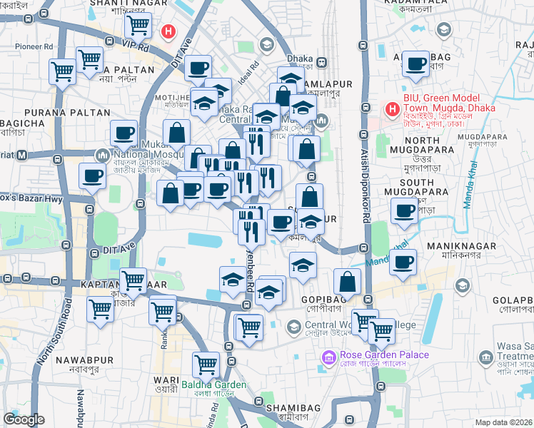 map of restaurants, bars, coffee shops, grocery stores, and more near Kamalapur Box Culvert Road in Dhaka