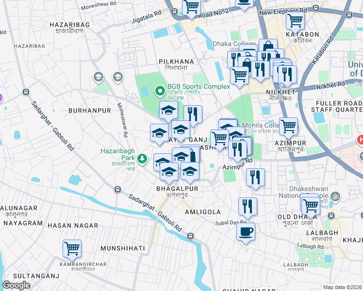 map of restaurants, bars, coffee shops, grocery stores, and more near Gonoktuli Road in Dhaka