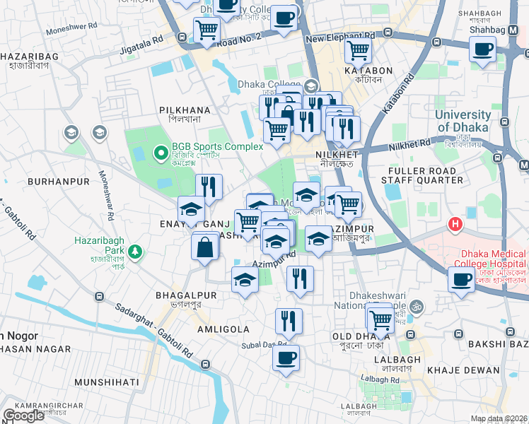 map of restaurants, bars, coffee shops, grocery stores, and more near Pilkhana Rd in Dhaka