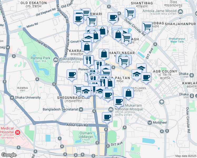 map of restaurants, bars, coffee shops, grocery stores, and more near Bijoy Nagar Road in Dhaka