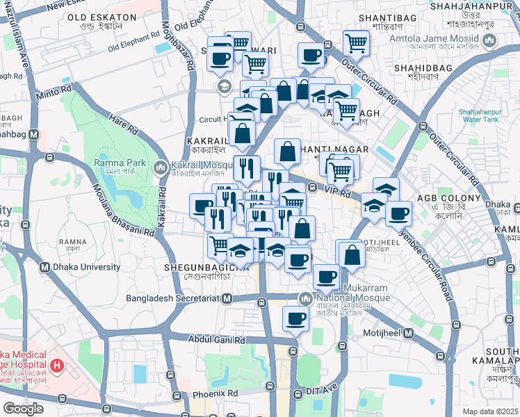 map of restaurants, bars, coffee shops, grocery stores, and more near 45 Bijoy Nagar Road in Dhaka