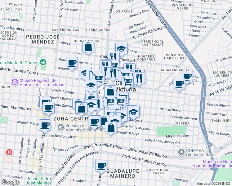 map of restaurants, bars, coffee shops, grocery stores, and more near 1114 Calle José Mariano Abasolo in Ciudad Victoria