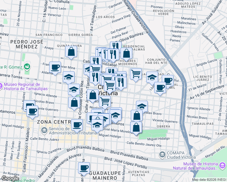 map of restaurants, bars, coffee shops, grocery stores, and more near 826 Calle General L. Valle Norte in Ciudad Victoria