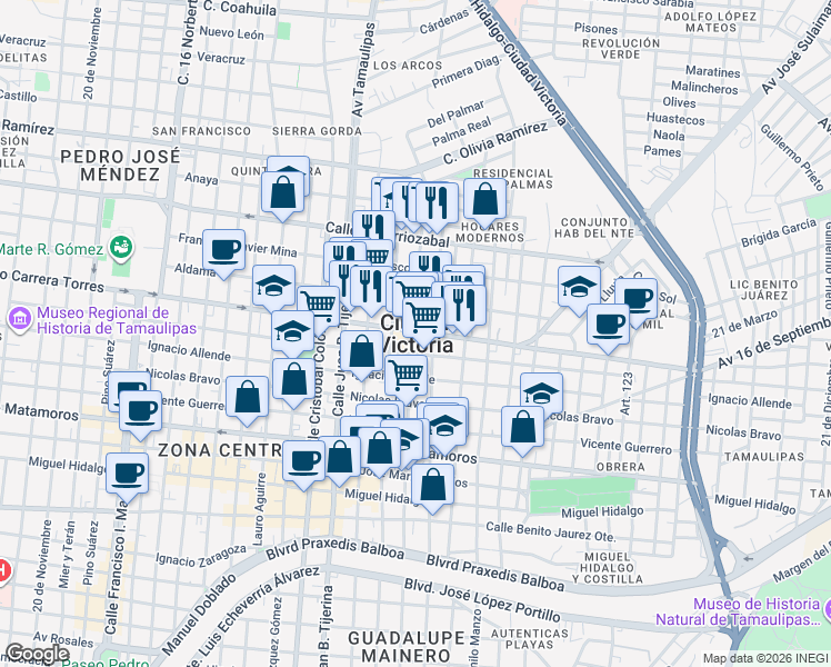 map of restaurants, bars, coffee shops, grocery stores, and more near in Ciudad Victoria