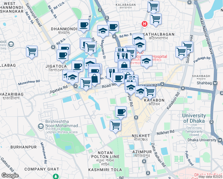 map of restaurants, bars, coffee shops, grocery stores, and more near Road No. 1 in Dhaka