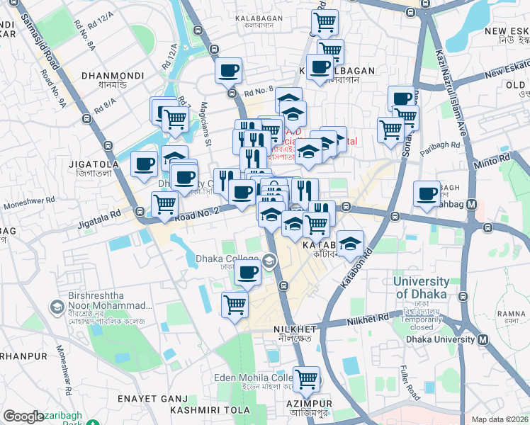 map of restaurants, bars, coffee shops, grocery stores, and more near Science Lab Over Bridge in Dhaka