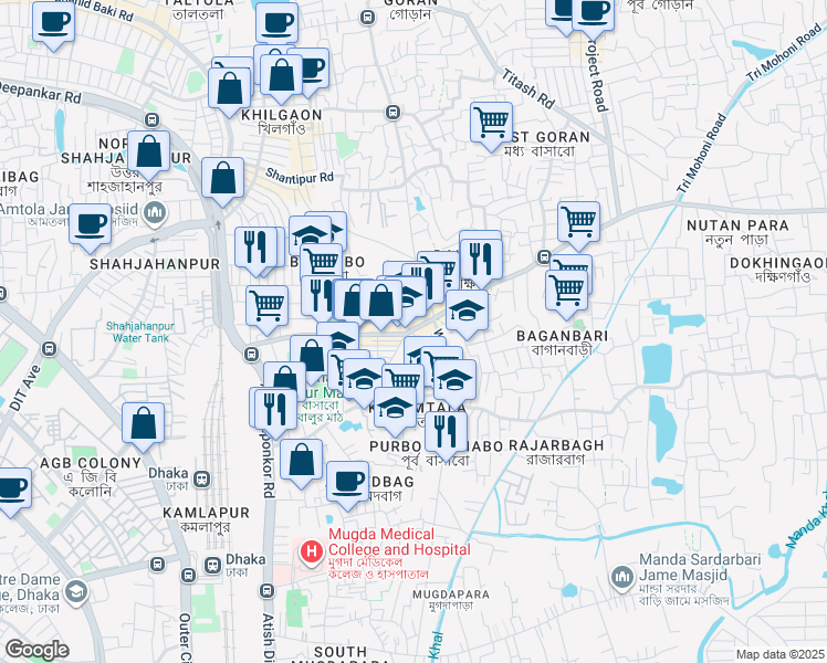 map of restaurants, bars, coffee shops, grocery stores, and more near Basabo Madertek Road in Dhaka