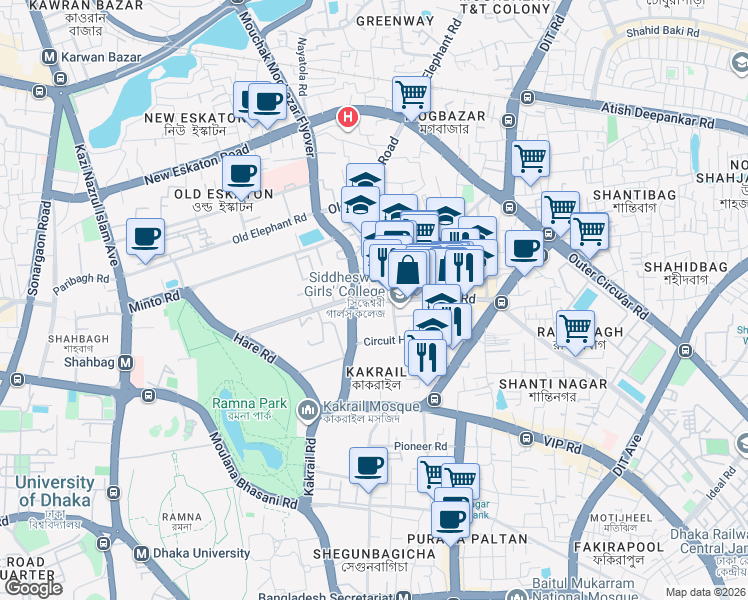 map of restaurants, bars, coffee shops, grocery stores, and more near Bailey Road in Dhaka
