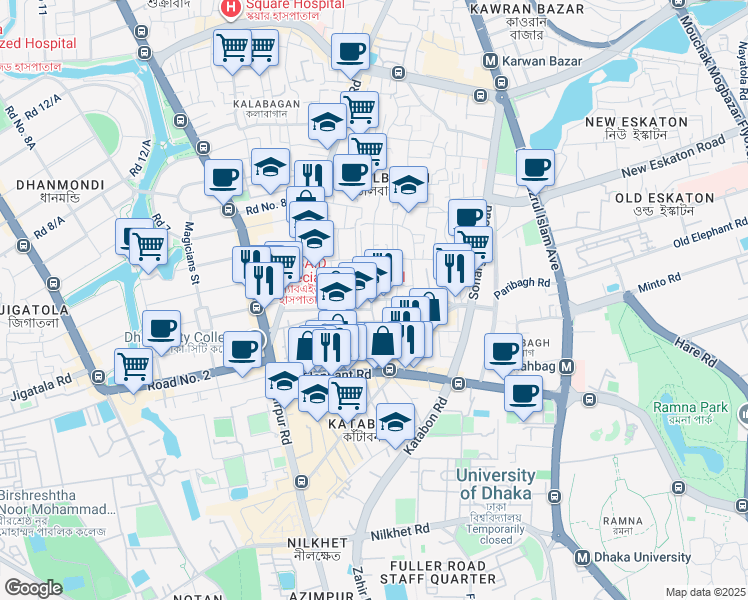 map of restaurants, bars, coffee shops, grocery stores, and more near Central Road in Dhaka