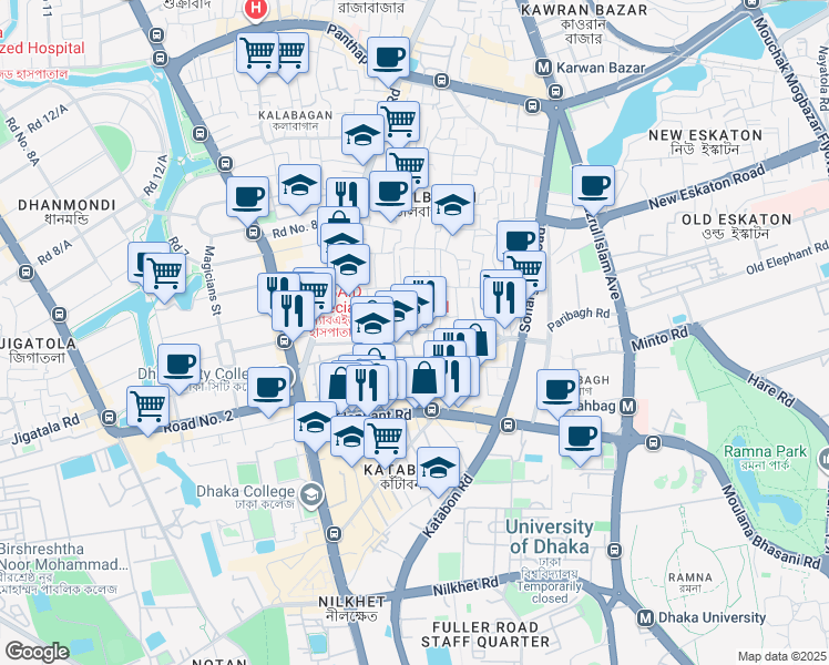 map of restaurants, bars, coffee shops, grocery stores, and more near Central Road in Dhaka