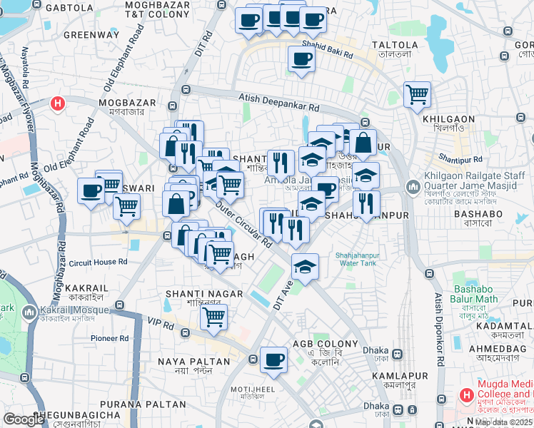 map of restaurants, bars, coffee shops, grocery stores, and more near Shantibag Bazar Road in Dhaka