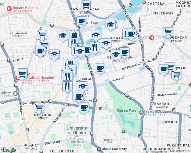 map of restaurants, bars, coffee shops, grocery stores, and more near 117 Kazi Nazrul Islam Avenue in Dhaka