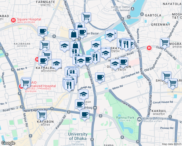map of restaurants, bars, coffee shops, grocery stores, and more near 117 Kazi Nazrul Islam Avenue in Dhaka