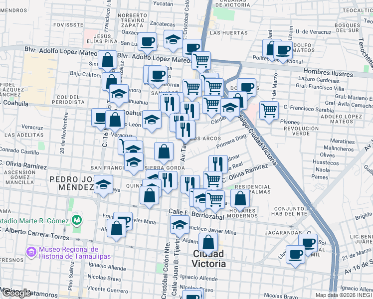 map of restaurants, bars, coffee shops, grocery stores, and more near 1127 Primera Diagonal in Ciudad Victoria