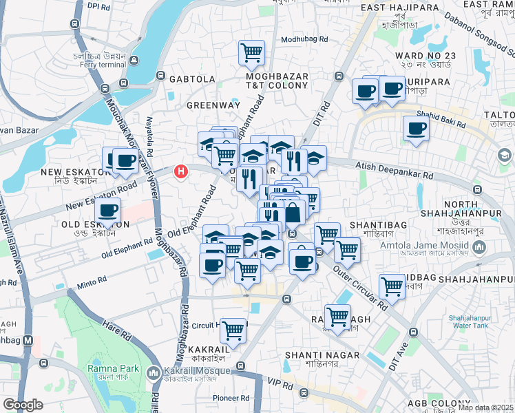 map of restaurants, bars, coffee shops, grocery stores, and more near Outer Circular Road in Dhaka