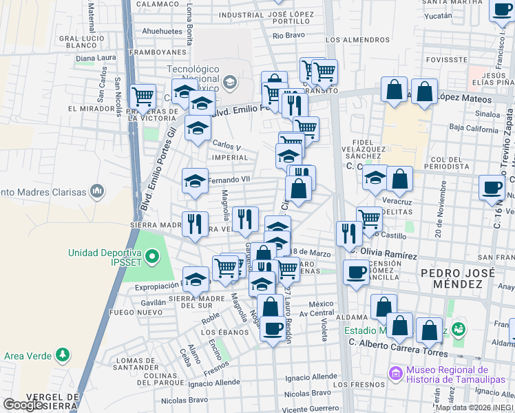 map of restaurants, bars, coffee shops, grocery stores, and more near 1316 Picacho in Ciudad Victoria
