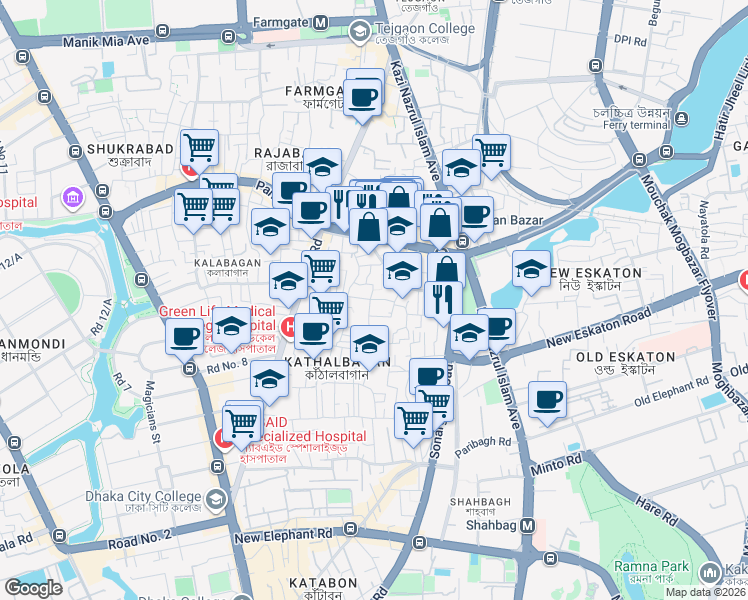 map of restaurants, bars, coffee shops, grocery stores, and more near Kathalbagan Road in Dhaka
