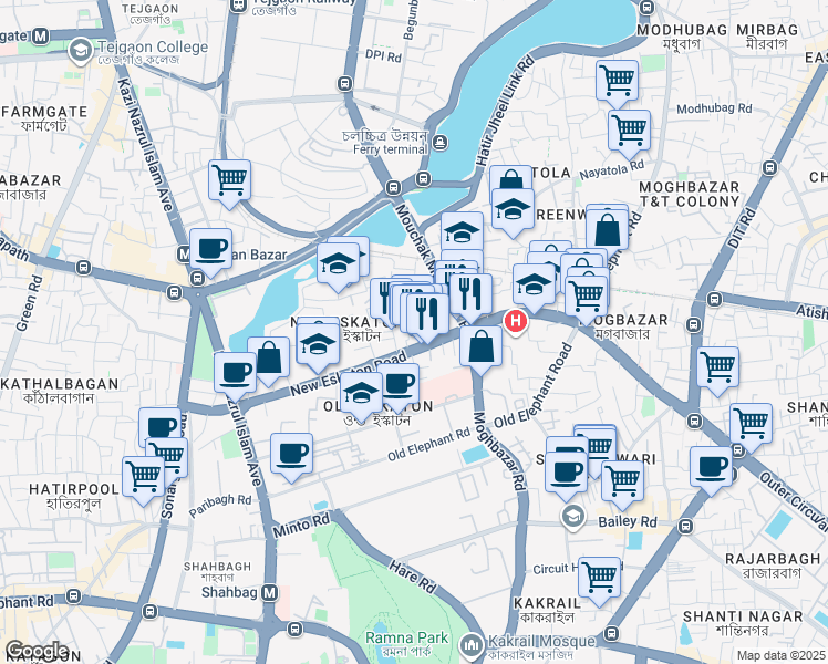map of restaurants, bars, coffee shops, grocery stores, and more near 401/1 New Eskaton Road in Dhaka