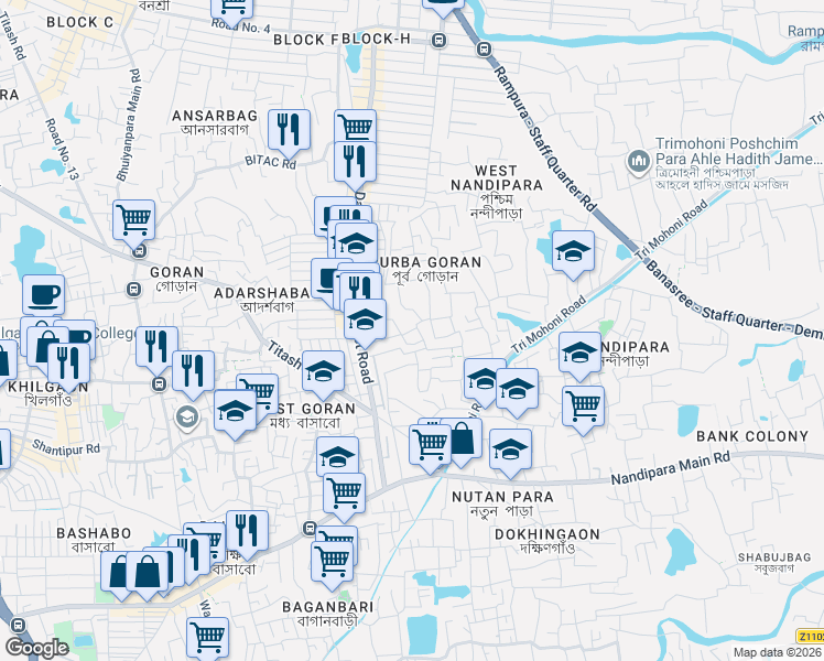 map of restaurants, bars, coffee shops, grocery stores, and more near Nandipara Road in Dhaka
