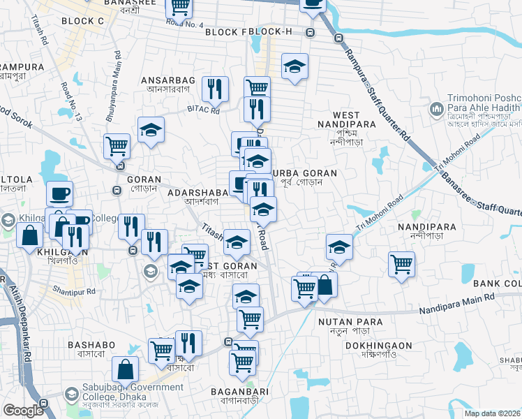 map of restaurants, bars, coffee shops, grocery stores, and more near 531, Titas Road Dakhin Banasree Project Road in Dhaka