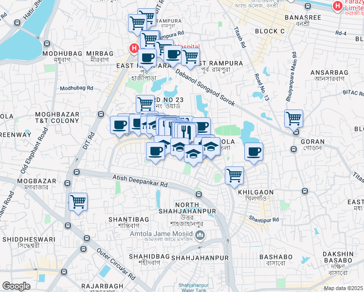 map of restaurants, bars, coffee shops, grocery stores, and more near Shahid Baki Road in Dhaka