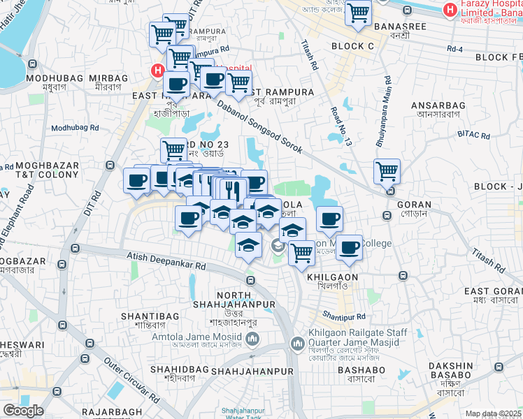 map of restaurants, bars, coffee shops, grocery stores, and more near Taltola Market Road in Dhaka