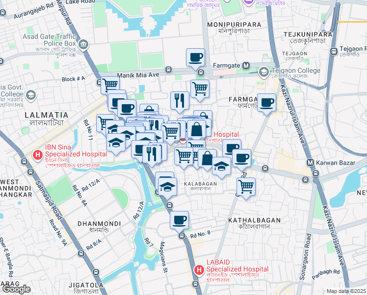 map of restaurants, bars, coffee shops, grocery stores, and more near 19 Bir Uttam Kazi Nuruzzaman Road in Dhaka