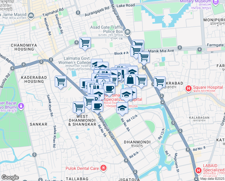 map of restaurants, bars, coffee shops, grocery stores, and more near 46 Road No 16 in Dhaka
