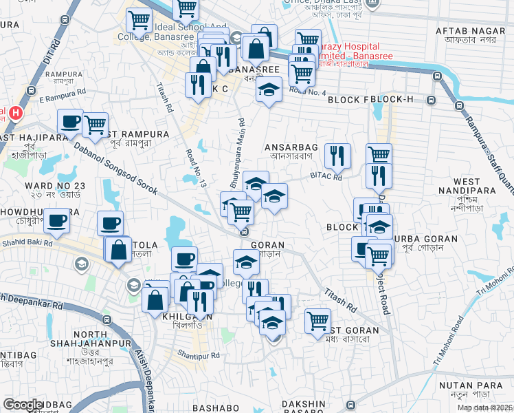 map of restaurants, bars, coffee shops, grocery stores, and more near Meradia Main Road in Dhaka
